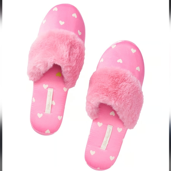 Victoria's Secret Pink Heart Print Satin Slippers with Faux Fur Trim Size 9-10 - Picture 2 of 8